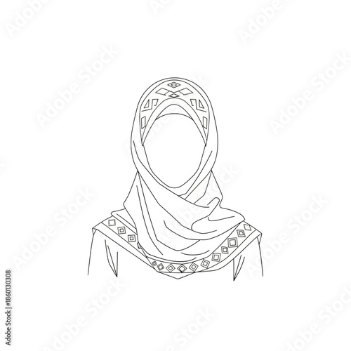 Line Art Drawing of a Woman Wearing a Hijab with Intricate Patterns.