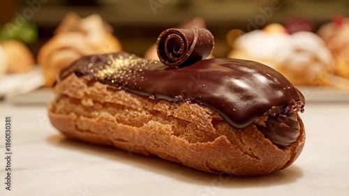 Close up of chocolate eclair dessert with garnish focus