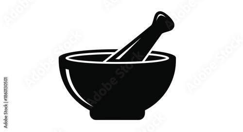 Simple black and white vector icon depicting a classic mortar and pestle used for grinding spices herbs or compounding medications and pharmaceuticals in a kitchen or laboratory setting
