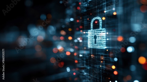 Digital security concept with glowing padlock icon representing data protection and secure business environment supporting digital trust in technology network system