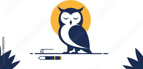 Stylized wise owl illustration with closed eyes, perched beside a book and pen, set against a glowing sun or moon, symbolizing knowledge, learning, and academic wisdom