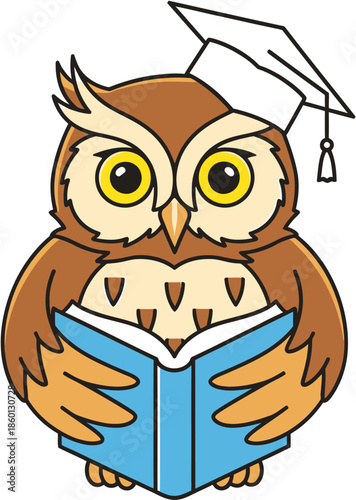Charming cartoon illustration of a wise owl in a graduation cap, reading an open book, symbolizing education, knowledge, and academic achievement
