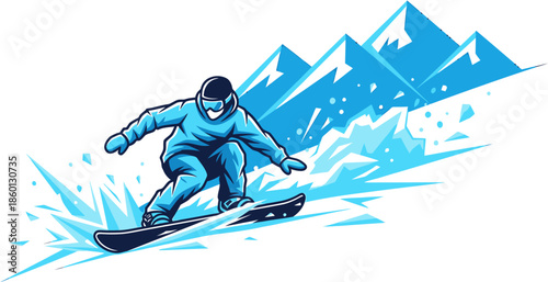 Energetic snowboarder descends a snow-covered mountain, leaving a trail of ice particles, embodying the exhilarating spirit and freedom of extreme winter sports