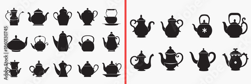 teapot silhouettes vector, tea cup clipart, teaware svg, kitchen tea illustration, hot beverage graphics, black teapot silhouettes, cafe vector art, tea party design, teapot shape collection, tea silh