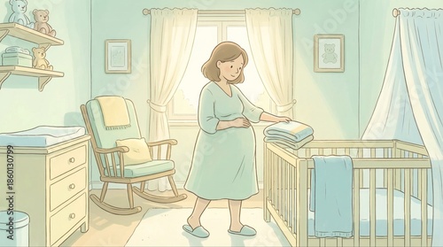 Mother Changing Baby in Nursery Room.