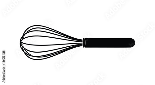 Simple black silhouette graphic of a balloon whisk kitchen utensil isolated on a clean white background illustrating a common baking tool for mixing ingredients.
