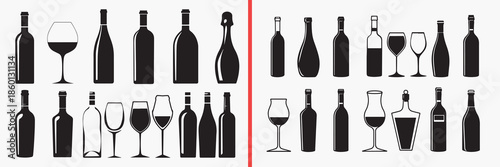 wine bottle silhouettes vector, wine glass clipart, alcohol drink svg, bar beverage illustration, liquor bottle graphics, black wine silhouettes, restaurant vector art, drink icon design, wine bottle 