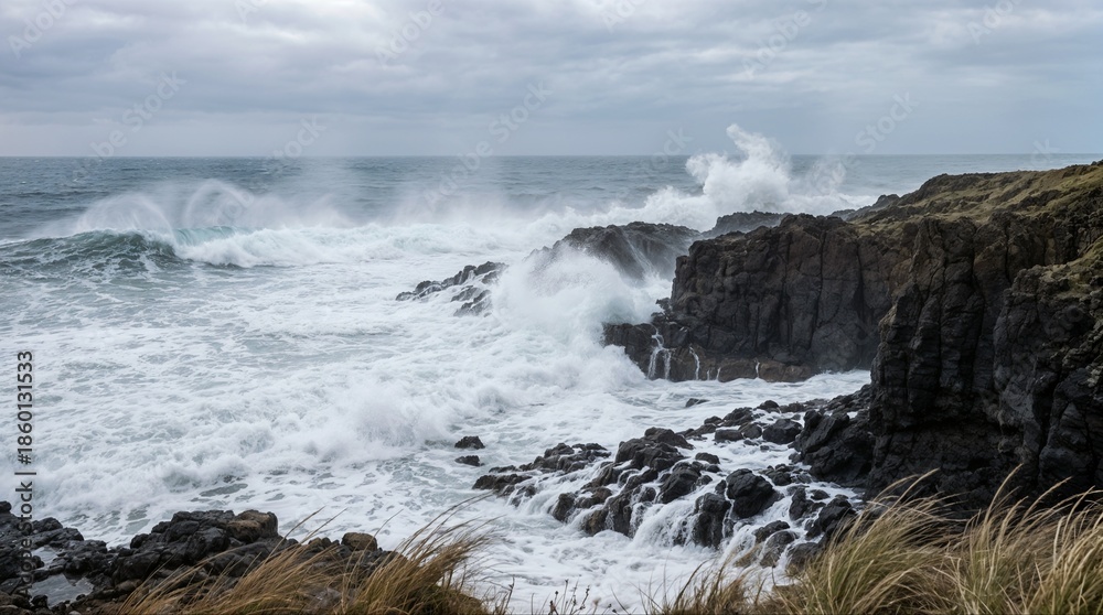 Fototapeta premium Rugged Coastline with Crashing Waves.