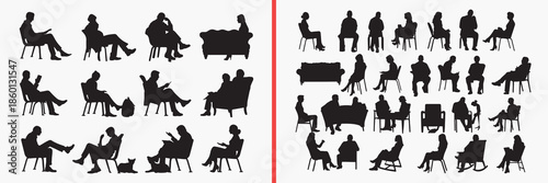 furniture people silhouettes vector, sitting people clipart, sofa chair svg, home activity illustration, lifestyle furniture graphics, black human silhouettes, interior vector art, household scene des