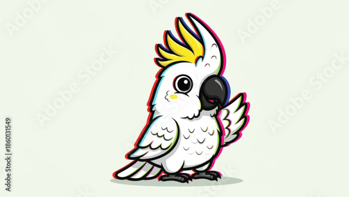 Playful cartoon parrot illustration with bright yellow crest and cheerful stance.