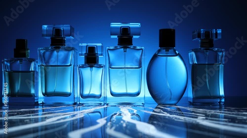 Arrangement of Perfume Bottles in Modern Blue Lighting
