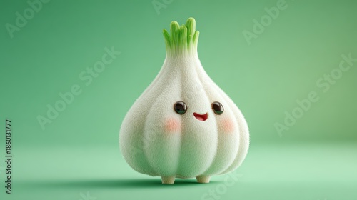 Adorable cartoon garlic with rosy cheeks, smiling, against a soft green gradient