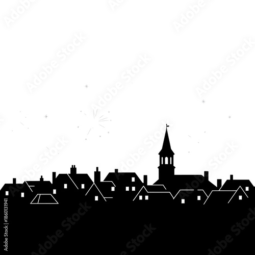 Silhouette of a charming village with a prominent church steeple.