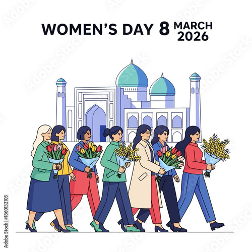 Diverse group of women walking together holding flowers on International Womens Day.