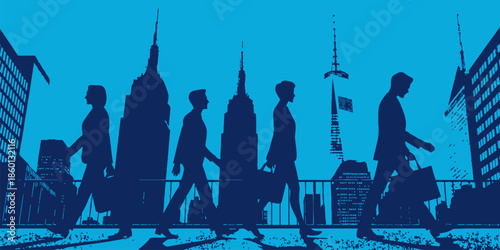 Silhouette of Business Professionals Walking Towards a Modern Cityscape Representing the Morning Commute