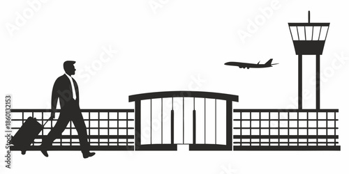 Silhouette of a Business Professional Pulling a Rolling Suitcase at an Airport Terminal Symbolizing Travel