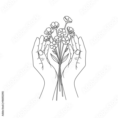 Delicate Hands Gently Holding a Bouquet of Wildflowers.