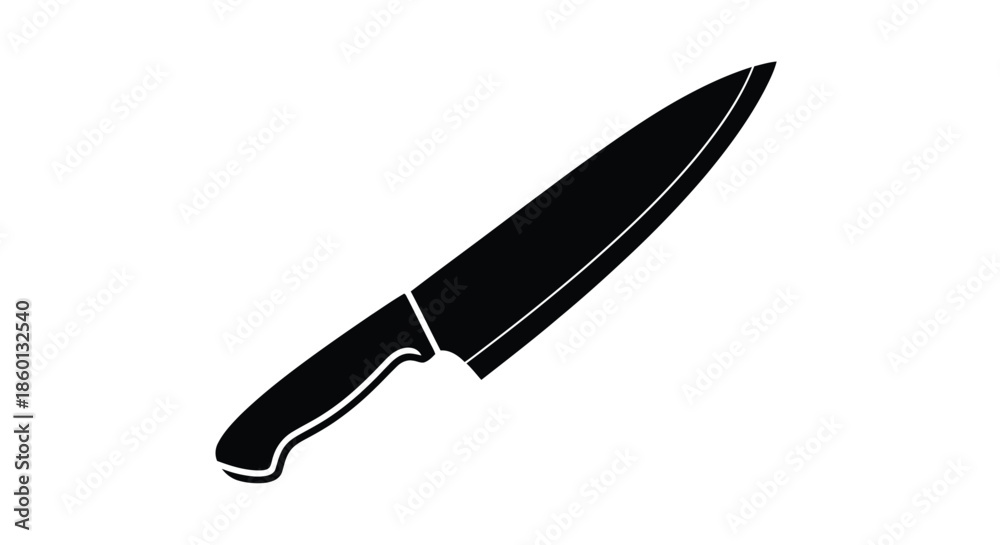 Fototapeta premium Black and white graphic silhouette of a sharp chef knife handle and long pointed blade angled upward isolated on a clean white background representing culinary tools.