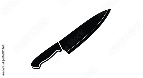 Black and white graphic silhouette of a sharp chef knife handle and long pointed blade angled upward isolated on a clean white background representing culinary tools.