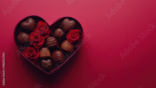Heart-shaped box of chocolates and roses