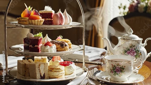 Elegant tea set and tiered dessert tray displayed indoors with various treats
