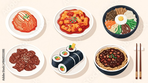 Assorted Korean Food Collection with Kimchi, Bibimbap, Tteokbokki, Bulgogi, Kimbap and Jajangmyeon Illustration