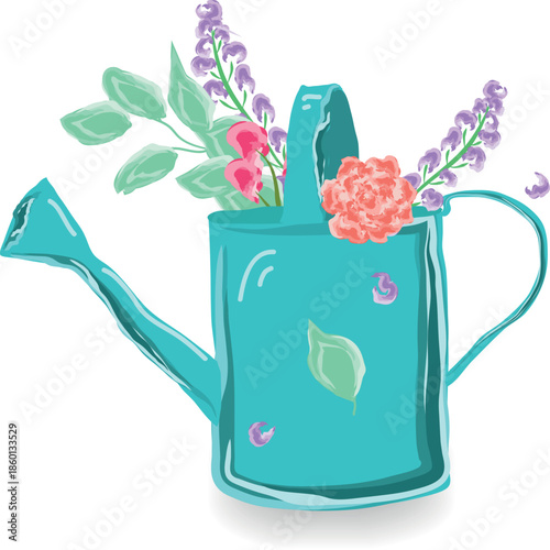 Decorative garden watering can filled with blooming flowers and leaves. Cute spring floral vector illustration isolated on transparent background. Perfect for gardening designs