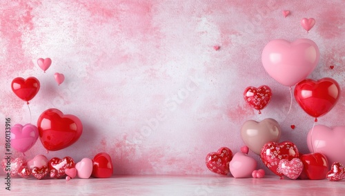 Celebratory heart balloons on pink background