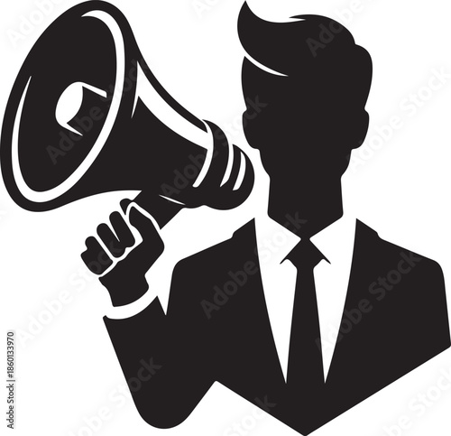 Silhouette of a businessman in a suit holding a megaphone, symbolizing communication, announcement, or marketing.