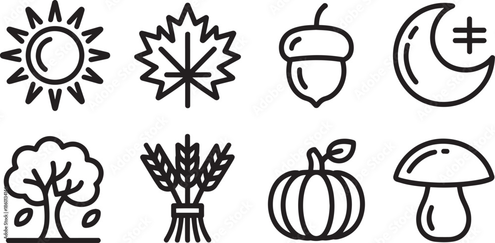 Fototapeta premium Collection of outline icons representing seasonal elements harvest and thanksgiving nature symbols set