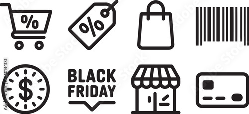 Collection of black friday shopping and commerce line icons representing discount deals and online payments