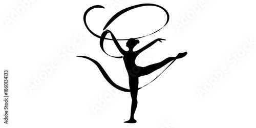 Elegant rhythmic gymnast performing dynamic routine with ribbons
