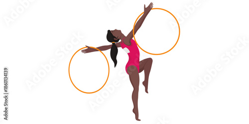 Dynamic woman in pink leotard performing gymnastics with hoops