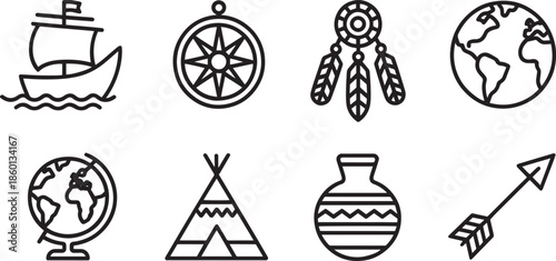 Exploration navigation and native american traditions line icons set including ship compass dreamcatcher and globe