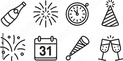 Collection of outline icons symbolizing new year eve celebration countdown and festive winter season elements