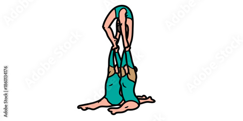 Two women in green outfits doing acrobatic yoga together