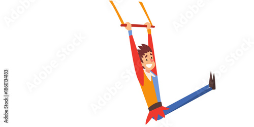 Cheerful young man swinging energetically on bars outdoors