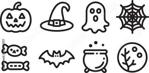 Thin line outline icons set featuring classic horror symbols like smiling jack o lantern ghost and brewing potion pot