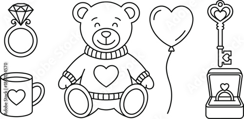 Cute love icons set teddy bear heart balloon engagement ring gift romance minimal outline vector illustration isolated