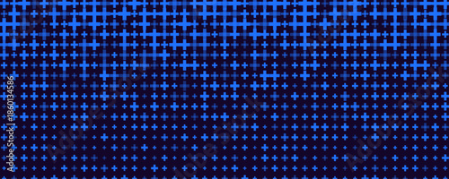 First Aid Medical Background Pattern Texture, Blue Plus Symbols Halftone Gradient On Dark BG, Modern Backdrop Wallpaper For Emergency, Insurance, And Healthcare Apps. Vector Illustration