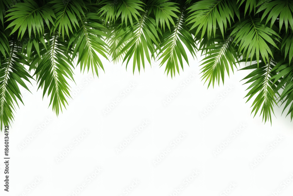 Obraz premium Palm Leaf Top Border On White Horizontal Background