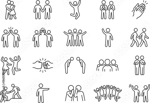 People interaction icons set line art teamwork friendship celebration communication community activity minimal outline vector illustration collection
