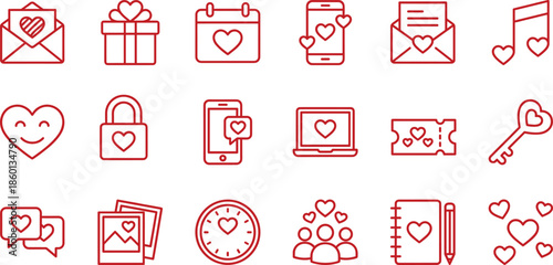 Red love icons set line art heart romance valentine dating wedding digital communication ui app design vector illustration