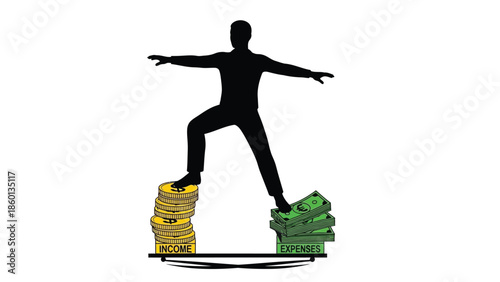 Silhouette of a person balancing precariously on a seesaw with income coins on one side and expenses banknotes on the other representing financial equilibrium struggles