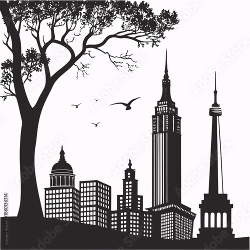 A black and white illustration of a city skyline with skyscrapers and a tree