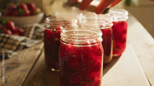 Making of homemade berry jam close up of filling glass jar