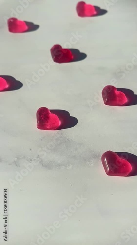 Red Valentine heart gummies on white marble in sunlight