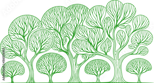 Dense green stylized foliage trees with intricate leaf patterns