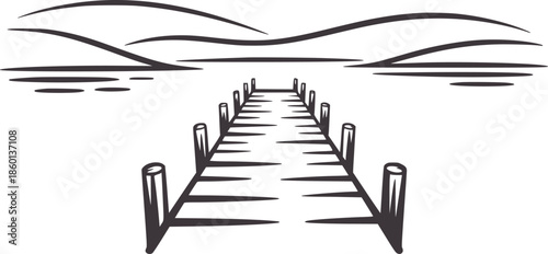 Minimalist black and line of a wooden pier extending over water