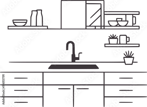 Minimalist kitchen interior with sink and shelves in black and line